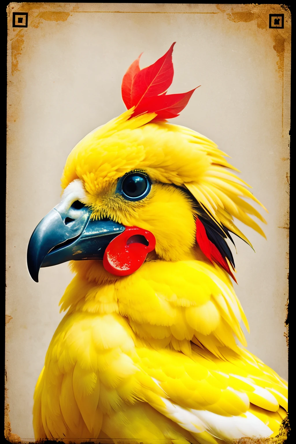 I want a yellow chicken face with the thousand yard look meme vintage photo style