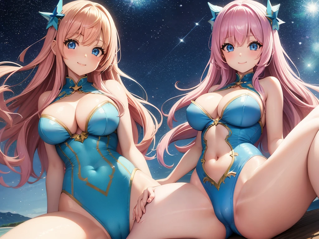 Ample breasts,pretty girl、Pink Hair、Blue Eyes、Blue leotard、Star pattern、Bright atmosphere、smile、High leg、Spreading her legs