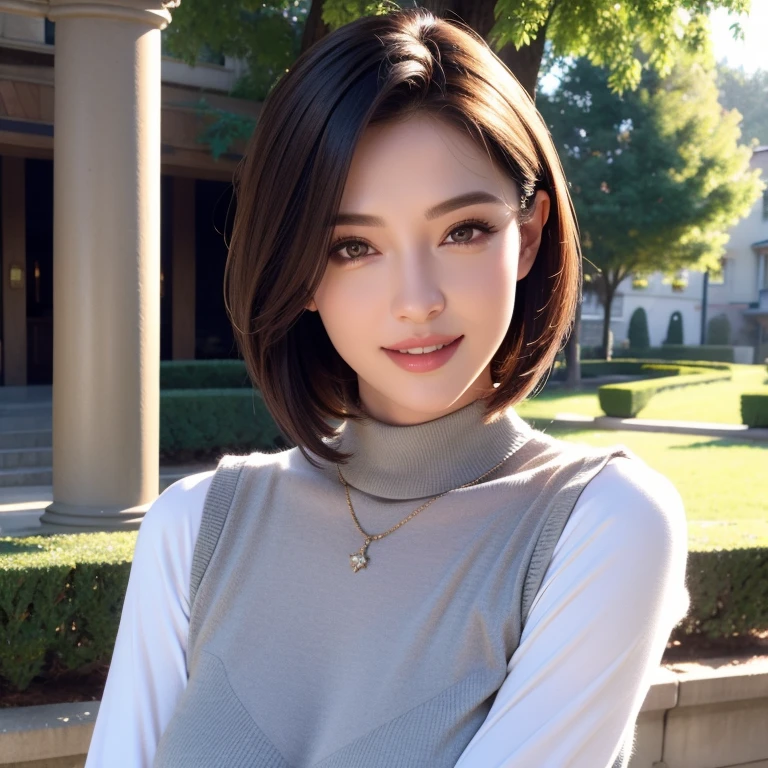 a beautiful young woman in a casual outfit, short hair, detailed face, alluring eyes, full lips, large bust, turtle neck t-shirt, gray vest, outdoor date setting, soft lighting, warm colors, photorealistic, 8k, cinematic, beautiful detailed eyes, beautiful detailed lips, extremely detailed face and eyes, long eyelashes, intricate clothing textures, elegant posing, warm smile, romantic atmosphere