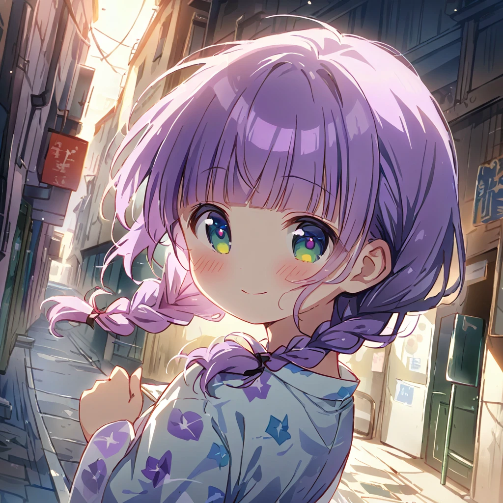 masterpiece, ultra detailed, 8K, full body shot,, a girl, kawaii, light atmosphere, (Cute a girl:1.5), (one girl with pale purple hair, wavy two braids, blunt bangs hair, green and black eyes :1.4), anime visual, (tilt head:1.3), extremely delicate face, realistic lighting and shading, (an extremely delicate and beautiful art:1.3),Watercolor painting, blush,
 back view, green eyes, Wearing a white yukata Morning glory pattern, An alleyway with a tram running, smiling and greeting viewer,look at viewer,