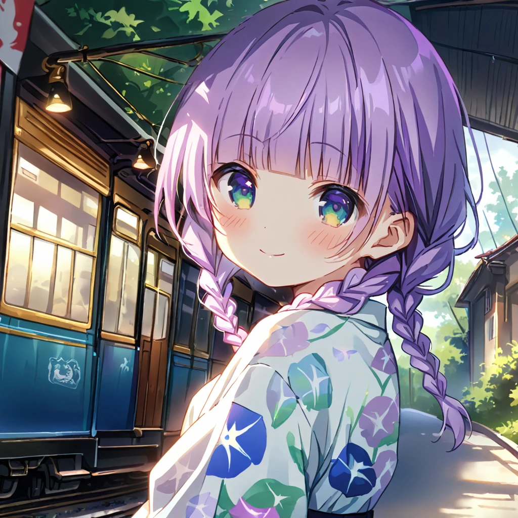 masterpiece, ultra detailed, 8K, full body shot,, a girl, kawaii, light atmosphere, (Cute a girl:1.5), (one girl with pale purple hair, wavy two braids, blunt bangs hair, green and black eyes :1.4), anime visual, (tilt head:1.3), extremely delicate face, realistic lighting and shading, (an extremely delicate and beautiful art:1.3),Watercolor painting, blush,
back view, green eyes, Wearing a white yukata Morning glory pattern, An alleyway with a tram running, smiling and greeting viewer,look at viewer,