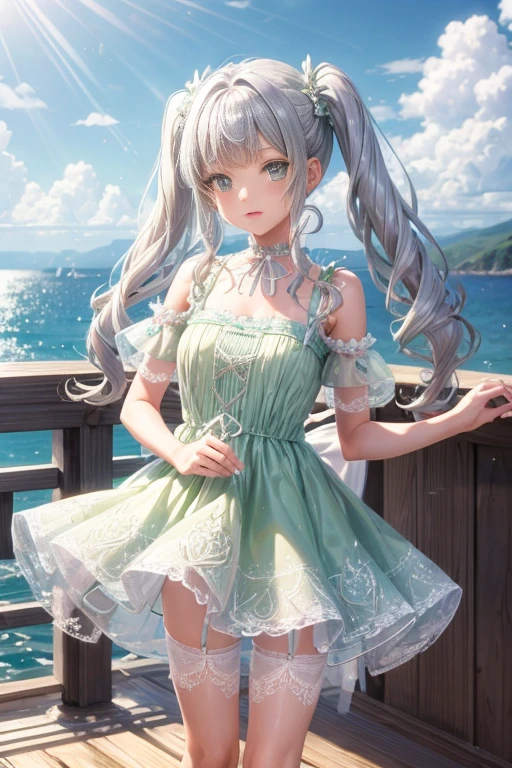 girl　long silver twintails　Cute detailed face　light green detailed lace Short dress　Seaside in summer  Skirts that flip in the wind　on yatch