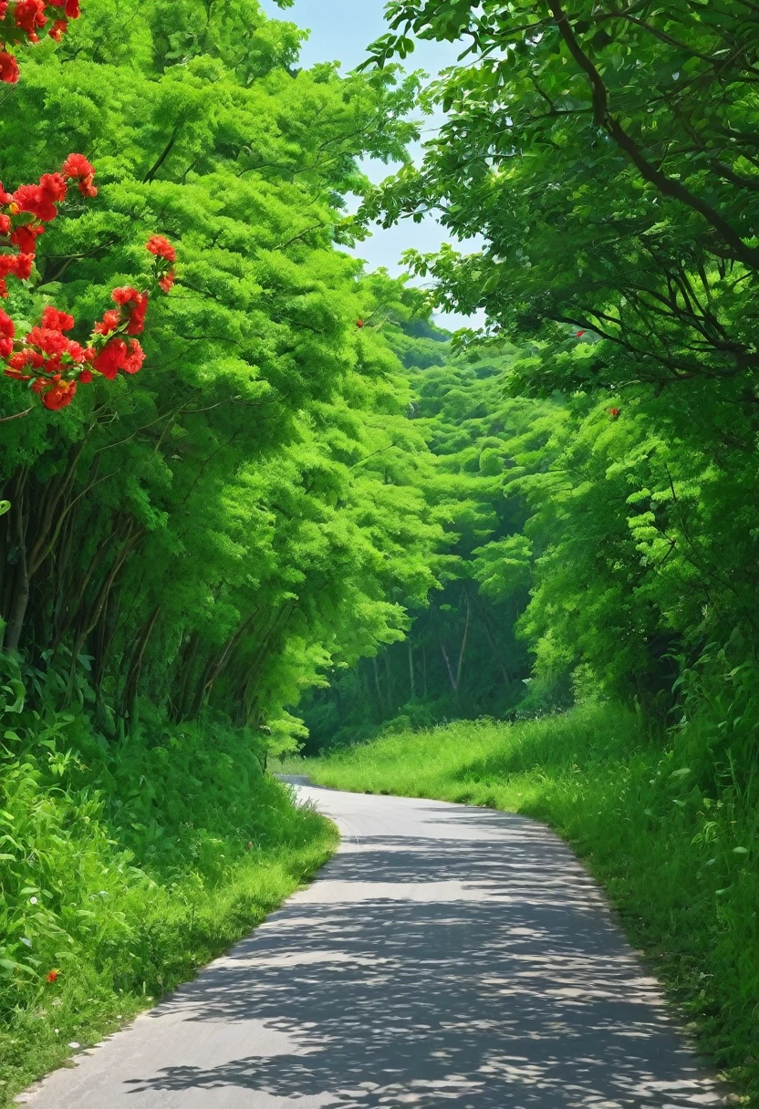 Photography,Summer in the countryside,Summer trees,The Trail,乡间The Trail,Green trees on both sides,Dense green branches,Lush greenery,Green trees,There are scarlet flowers on the left side of the road,A red flower among the green leaves on the roadside,