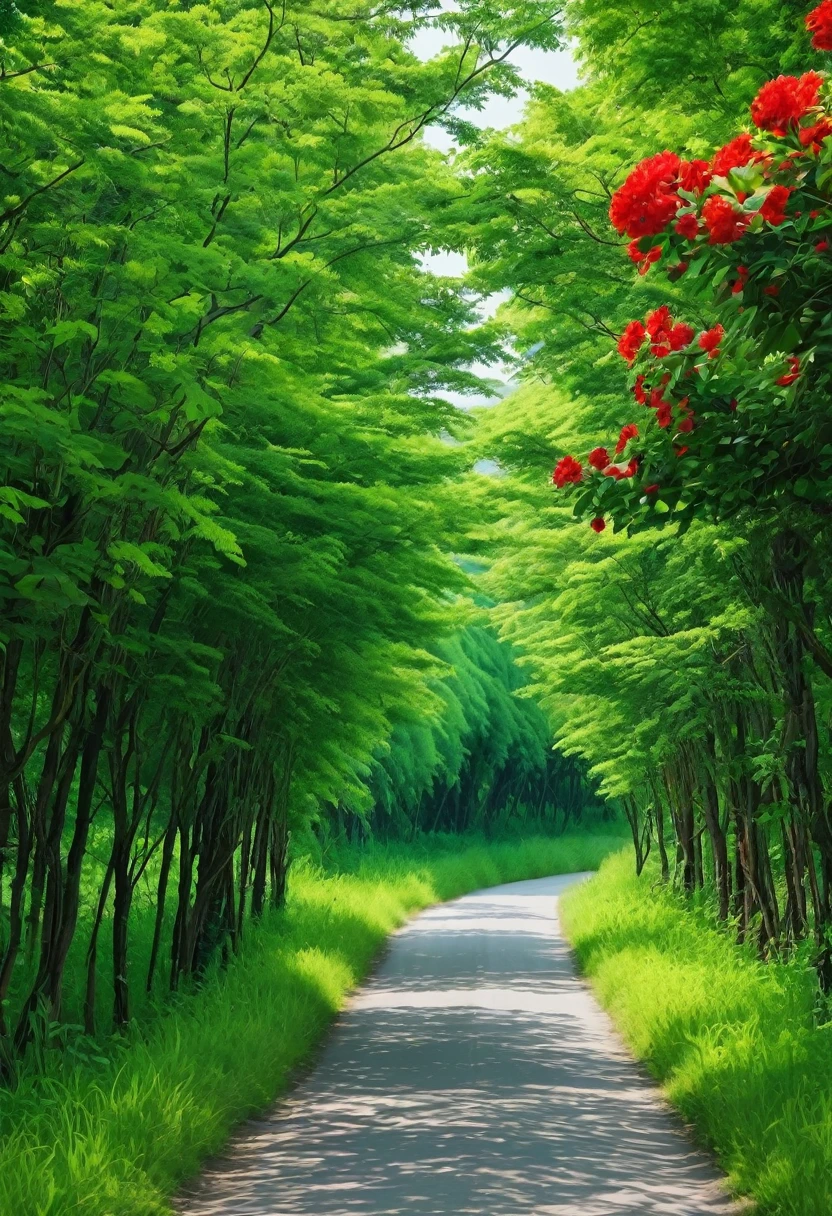Photography，Summer in the countryside，Summer trees，The Trail，乡间The Trail，Green trees on both sides，Dense green branches，Lush greenery，Green trees，There are scarlet flowers on the left side of the road，A red flower among the green leaves on the roadside，