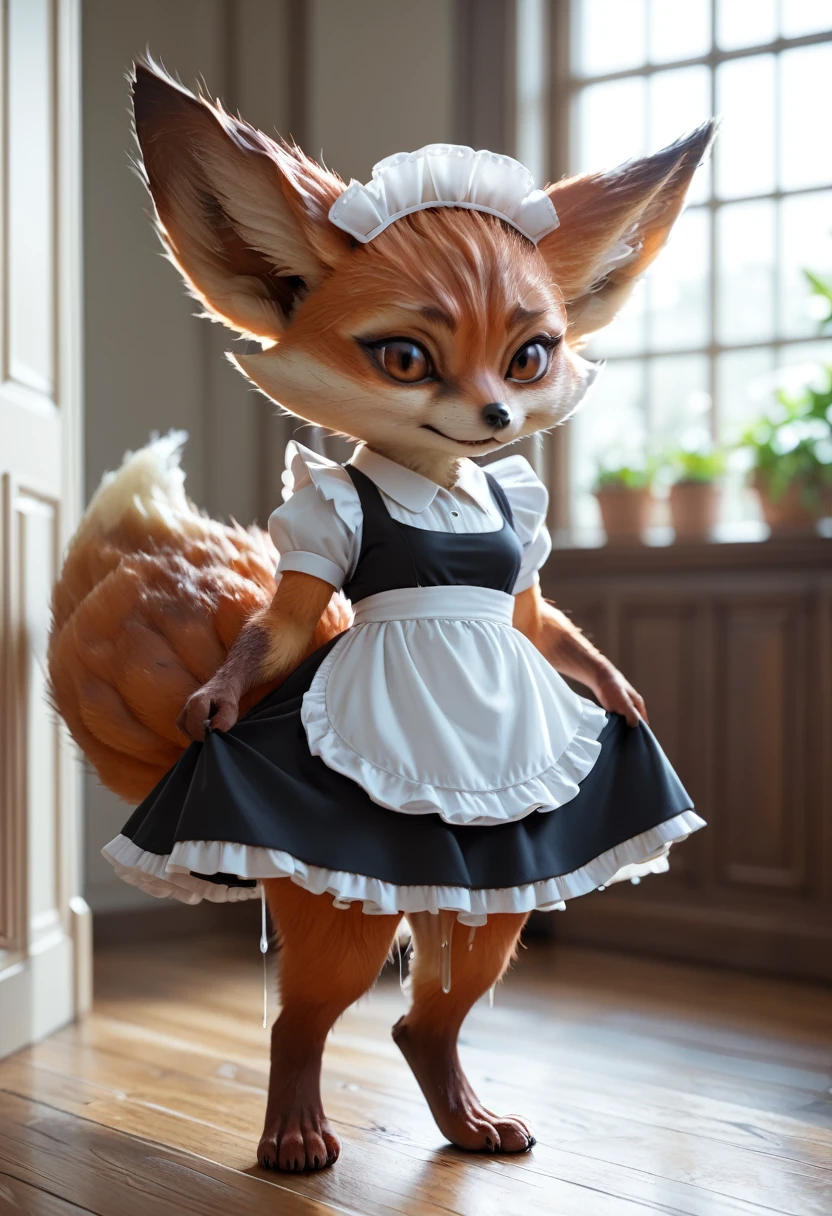 Score_9, Score_8_up, Score_7_up, Score_6_up, Score_5_up, Score_4_up, source_anime, female furry, furry, anime style, vulpera, standing, cumdrip, after anal sex, maid, indoor