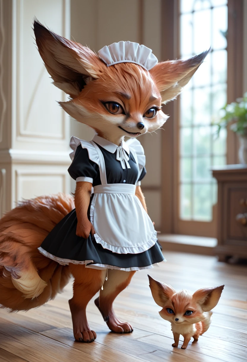 Score_9, Score_8_up, Score_7_up, Score_6_up, Score_5_up, Score_4_up, source_anime, female furry, furry, anime style, vulpera, standing, cumdrip, after anal sex, maid, indoor
