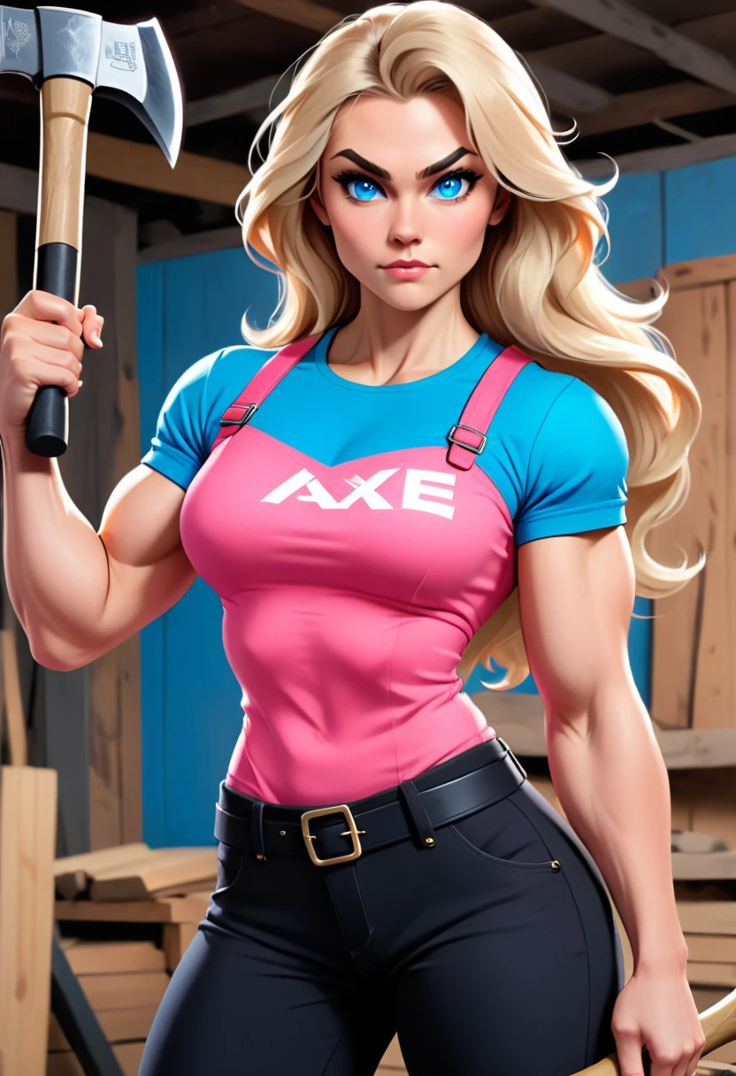 woman strong, musclegirl, Bullish, Caucasian skin, long blonde hair, blue colored eyes, Russian traits, holding an axe, pink blouse, black pants with suspenders