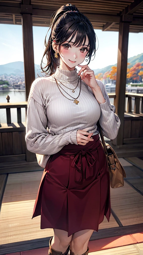 (masterpiece:1.2, Highest quality), (Realistic, photoRealistic:1.4), Beautiful illustrations, (Natural Side Lighting, Cinema Lighting), Browsing Caution,
View your viewers, 1 Girl, Japanese, Beauty、30 years old, Perfect Face, Cute and symmetrical face, Shiny skin, (Perfect Anatomy, Anatomically correct, Highly detailed skin)、
(Medium Hair, Black Hair、ponytail), Swept-apart bangs, Dark brown eyes, Droopy eyes, Long eyelashes, (Large Breasts:0.8), Slim body,
Beautiful Hair, Beautiful Face, Beautiful attention to detail, Beautiful clavicle, Beautiful body, Beautiful breasts, Beautiful thighs, Beautiful feet, Beautiful fingers,
(High neck sweater, Long skirt), short boots、Bag、Earrings:0.2、necklace:0.5、
(Beautiful views,autumn), autumn leaves, (Kiyomizu Temple)、 Are standing, (smile, Open your mouth a little),