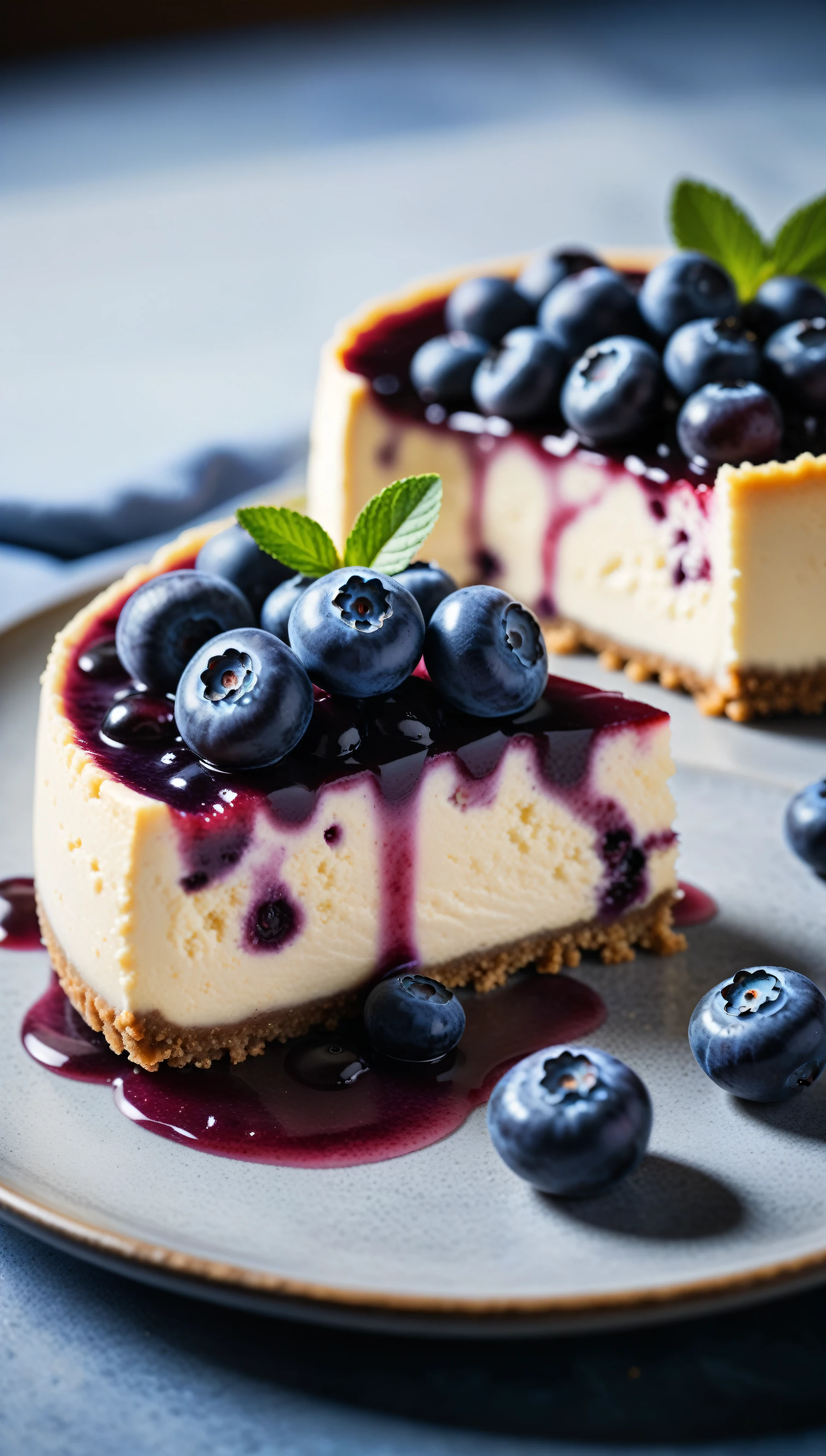 Documentary RAW Photography,a Blueberry Cheesecake, highlighting its exquisite, lacy texture and impeccable balance. The composition should evoke an irresistible urge to taste, with every detail crafted to inspire both amateur and seasoned cooks, (sharpness in detail:1.1), masterpiece, 35mm photograph, (iconic photograph:1.4), (visual storytelling:1.2), film grain, award winning photography,vibrant use of light and shadow, high quality textures of materials, volumetric textures perfect composition, dynamic play of light, rich colors, epic shot, perfectly quality, natural textures,high detail, photoshadow, (natural colors, correct white balance, color correction, dehaze),(intricate detailed), 8k