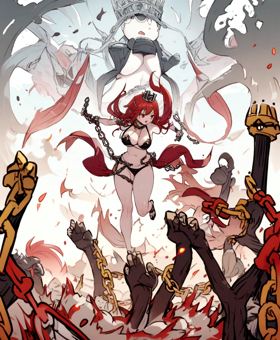 Chain bikini, chain crown, bare belly, , red hair, red eyes, chaos
