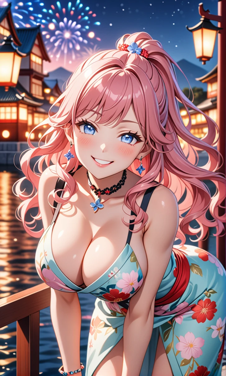 ultra-detailed, ((one girl)), in pastel colors girl,  hyper detailed, absurdres, 8K, Beautiful Face, (Laugh shyly), ((teasing smile:1.8)), ((Wink:1.8)), (Laugh with your mouth wide open),(Tilt your head:1.3), View your viewers, ((Bright red cheeks:1.6)),Glossy Red Lips, ((Big Breasts:1.5)), ((show off breast:1.4)), (valley), night, Riverside,On Bridge, firework, (Brighten your face), ((Anime style background)),masterpiece, Highest quality, so beautiful,Latest, Complex details, (Pink long nails), (nail art), (ring),(bracelet), (Floral Choker),AI-generated, Complex,High resolution, Highest quality, super high quality,3D Images、3D Images,One person,Pastel pink long hair,(High Ponytail), (wavy hair:1.3), Pastel anime woman posing for a photo, (blank eyes), ((Fine grain、blue eyes、glowing eyes:1.4)), (Squint your eyes:1.1),a hyperRealistic , hyperRealistic , Realistic,Anime woman with long pastel pink hair, Smooth anime CG art, A girl in a gorgeous pastel-colored kimono, ((Pastel-colored furisode)),(Pink large floral pattern) ,Long flower hair ornament,Floral Earrings,Mature Body, tall,Abdominal muscles,Tight waist, ((leaning forward:2.0)), (front view),