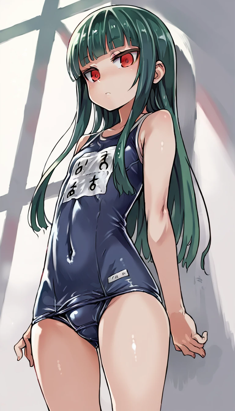 score_9, score_8_up, source_アニメ,アニメ style,empty eye,Green Hair,Red eyes,blunt bangs,long hair,Very young,cool eye,((1girl)),shiny skin,School swimsuit