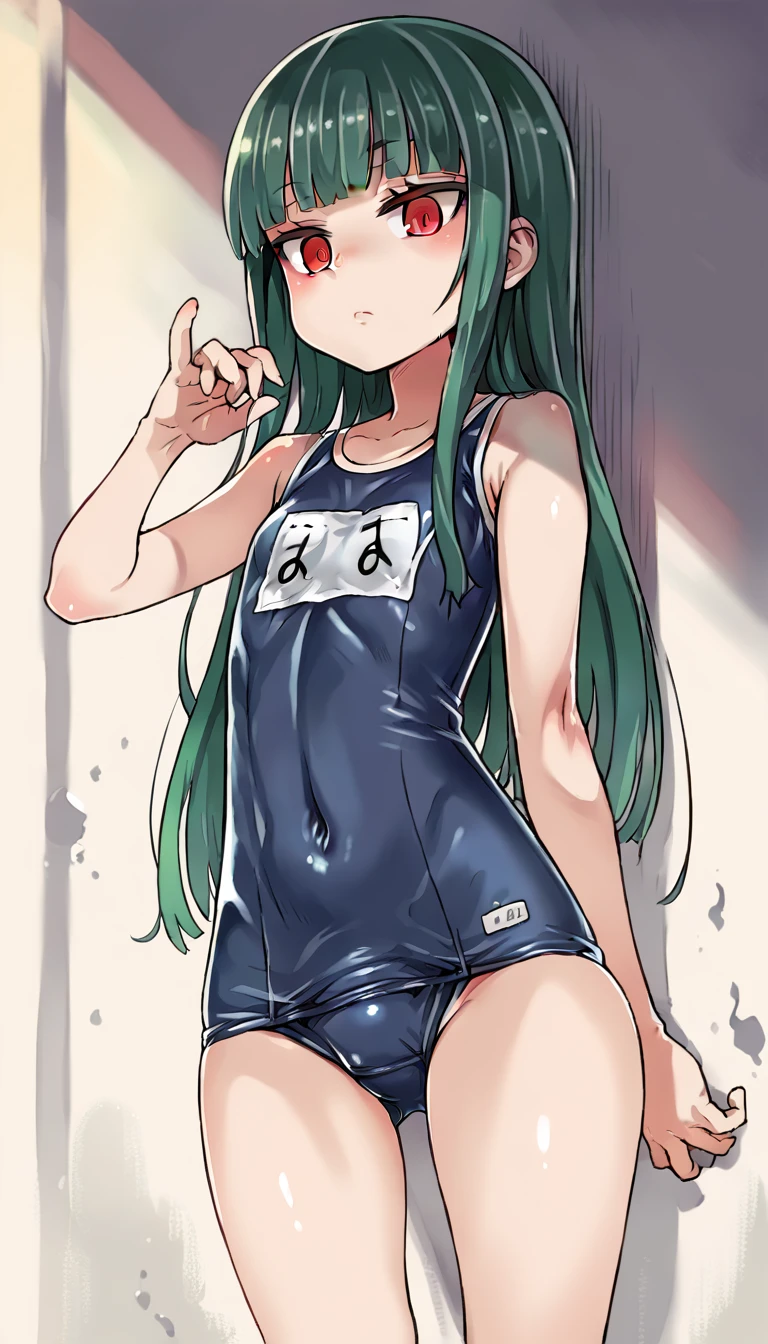 score_9, score_8_up, source_アニメ,アニメ style,empty eye,Green Hair,Red eyes,blunt bangs,long hair,Very young,cool eye,((1girl)),shiny skin,School swimsuit