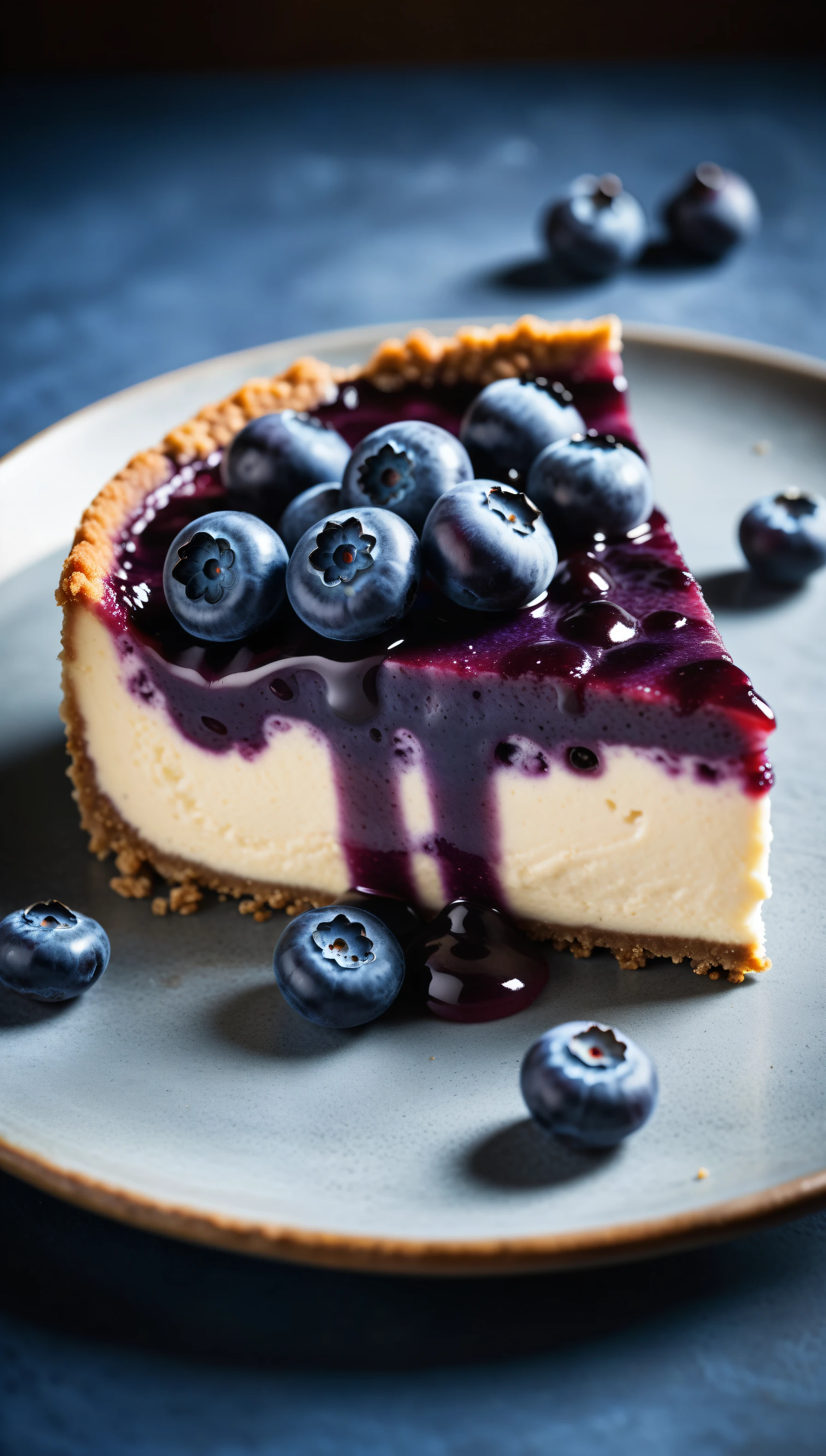 Documentary RAW Photography,a Blueberry Cheesecake, highlighting its exquisite, lacy texture and impeccable balance. The composition should evoke an irresistible urge to taste, with every detail crafted to inspire both amateur and seasoned cooks, (sharpness in detail:1.1), masterpiece, 35mm photograph, (iconic photograph:1.4), (visual storytelling:1.2), film grain, award winning photography,vibrant use of light and shadow, high quality textures of materials, volumetric textures perfect composition, dynamic play of light, rich colors, epic shot, perfectly quality, natural textures,high detail, photoshadow, (natural colors, correct white balance, color correction, dehaze),(intricate detailed), 8k