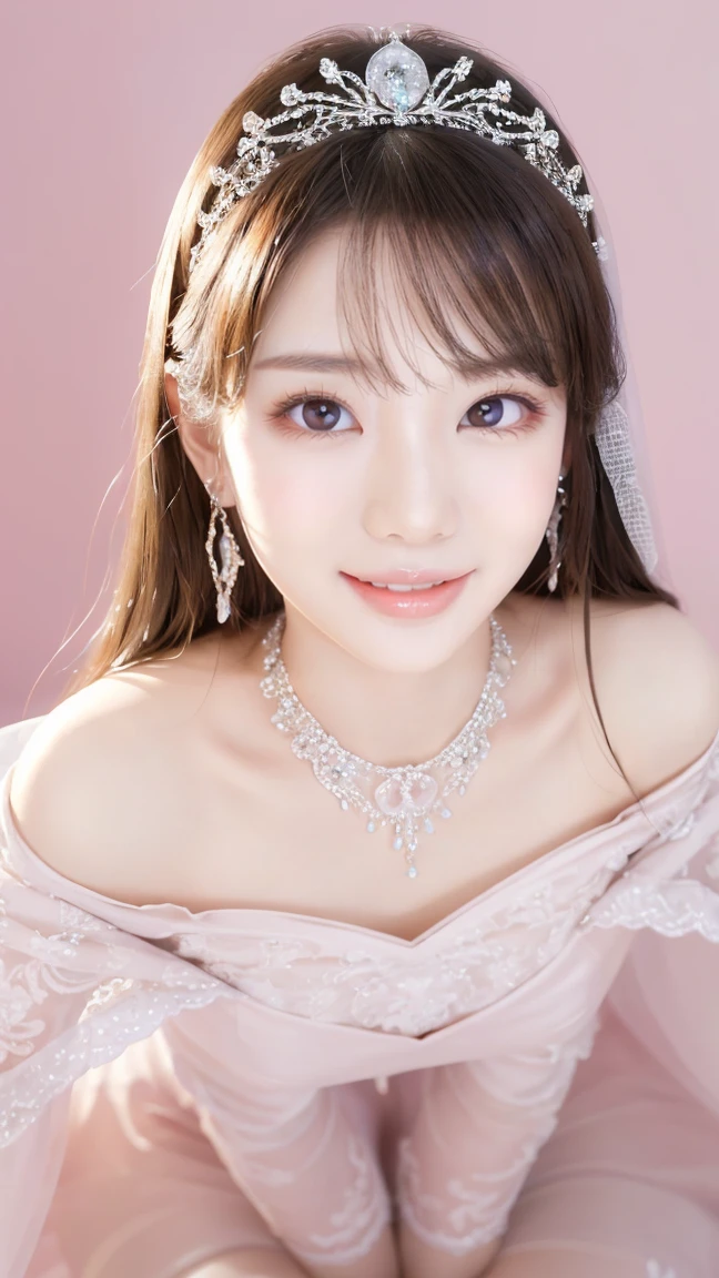 (Highest quality、Tabletop、8K、Best image quality、Award-winning works)、One beautiful bride、(alone:1.1)、(The most extravagant and gorgeous huge pure white wedding dress:1.1)、(Perfect Wedding Lace:1.2)、(The most gorgeous and luxurious giant tiara:1.1)、(The most extravagant and luxurious giant necklace:1.1)、あなたの最高の笑顔で私をplease look、The finest jewellery decoration、Perfect Makeup、Long eyelashes、Ultra HD Shining Eyes、Ultra HD Hair、Ultra-high resolution glossy lips、Ultra High Resolution Perfect Teeth、Super high resolution beautiful face、(Accurate anatomy:1.1)、Very bright and beautiful skin、very bright and vivid、Perfect beautiful bridal hairstyles、(Front facing body:1.1)、(Solid pink background:1.2)、Cleavage、nude、(The 肖像画 was taken from above the lying body: 1.3)、(( M-shaped legs spread, please look )))), (Show me your legs spread wide: 1.5), Real nipples, real open, (女性のマンコ汁がカメラにsquirtしている:1.2), Beautiful 20 year old Japanese girl, Stimulating the clitoris, masturbating and fingering, orgasm, Detailed facial features,(Front view), (squirt from pussy:1.2), (squirt:1.2), Exposing breasts