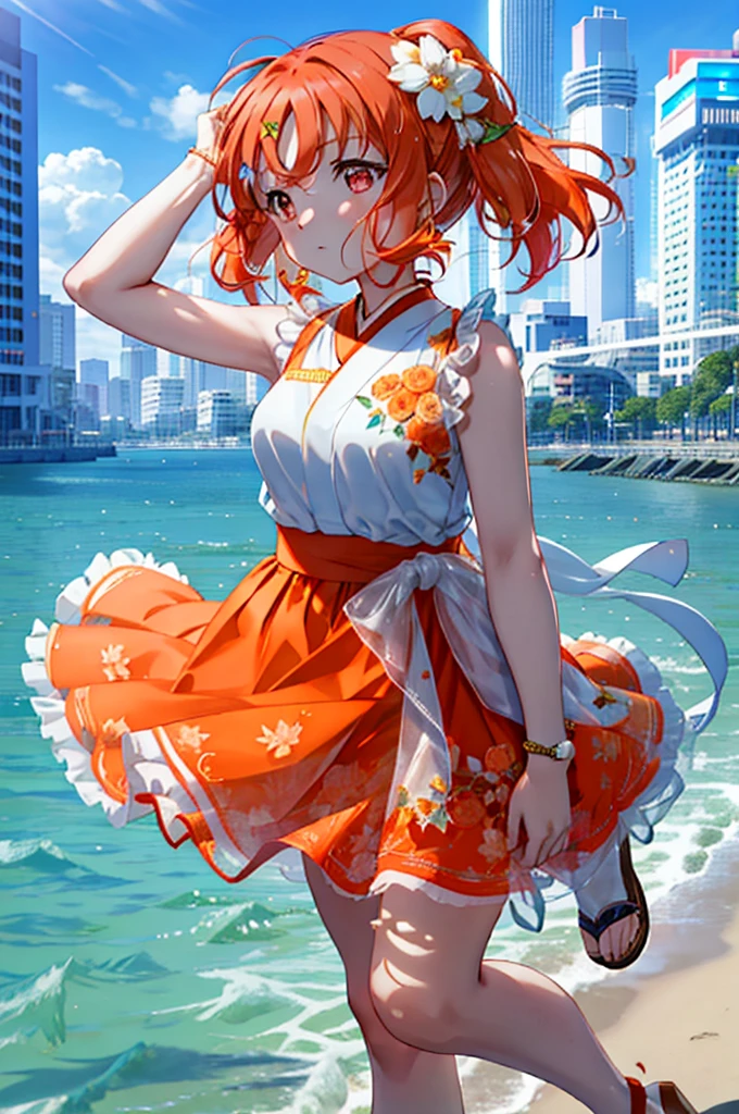 chika　takami,Orange Hair,Red eyes,Orange sleeveless dress,Long skirt,Cute heeled sandals,Walking,Daytime,Clear skies,whole bodyがイラストに入るように break outdoors, Coastal Road,Building district, break looking at viewer, whole body, break (masterpiece:1.2), Highest quality, High resolution, unity 8k wallpaper, (figure:0.8), (Beautiful attention to detail:1.6), Highly detailed face, Perfect lighting, Highly detailed CG, (Perfect hands, Perfect Anatomy),