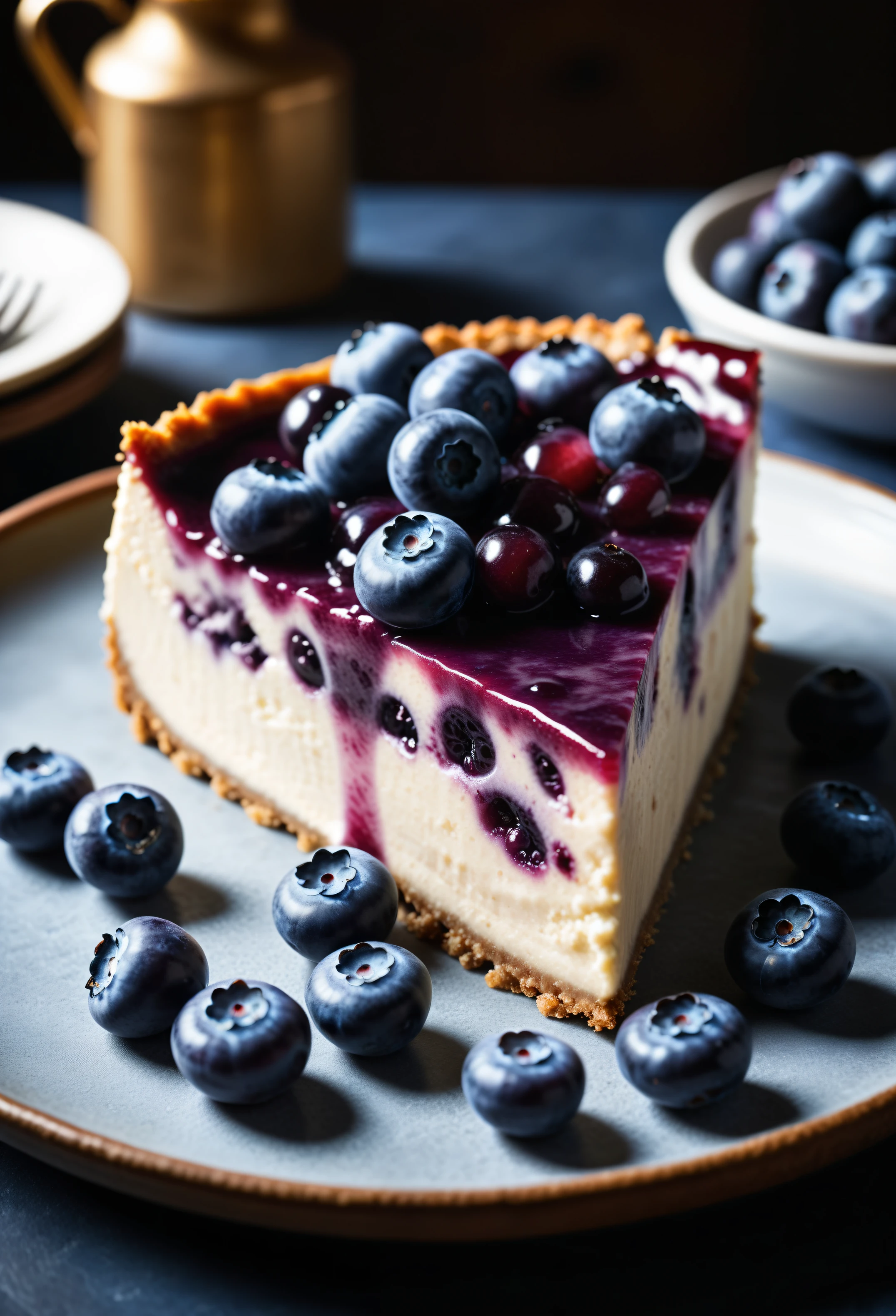 Documentary RAW Photography,a Blueberry Cheesecake, highlighting its exquisite, lacy texture and impeccable balance. The composition should evoke an irresistible urge to taste, with every detail crafted to inspire both amateur and seasoned cooks, (sharpness in detail:1.1), masterpiece, 35mm photograph, (iconic photograph:1.4), (visual storytelling:1.2), film grain, award winning photography,vibrant use of light and shadow, high quality textures of materials, volumetric textures perfect composition, dynamic play of light, rich colors, epic shot, perfectly quality, natural textures,high detail, photoshadow, (natural colors, correct white balance, color correction, dehaze),(intricate detailed), 8k