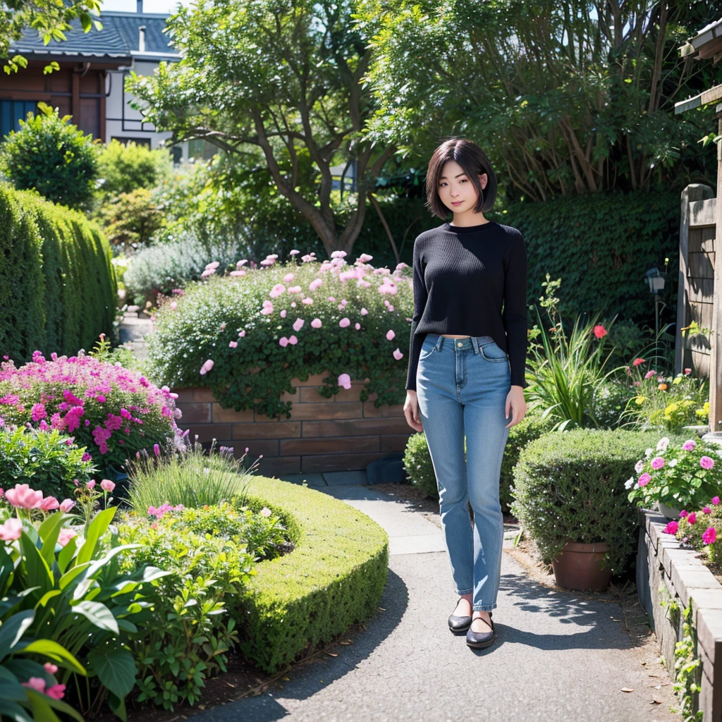 (((garden:1.3, spring, Photographed from diagonally in front))), ((Medium Bob:1.3, Denim pants, Black knit, Japanese women, cute)), (clean, Natural Makeup), (Highest quality, masterpiece:1.3, 超High resolution), (Very detailedな, Caustics), (Realistic:1.4, RAW shooting), Very detailed, High resolution, 16K resolution