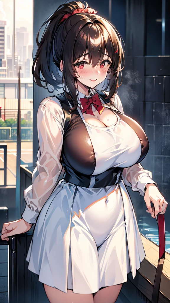 18-year-old girl，Baby Face，rain，cloudy day，PARKING LOT，Brown short hair，ponytail hairstyle，Smile，Huge breasts，cleavage，Sheer white school uniform，Soaked all over，Blushing，Red eyes