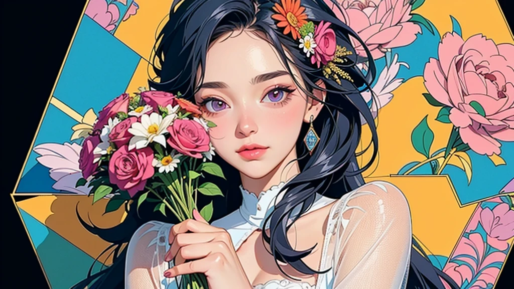 (ultra-Detailed Background, Detailed Background), Absurd, High resolution, Super detailed, Very detailed, One girl, (bouquet:1.3), (Tangled:1.2), (Geometric:1.2),(colorful),