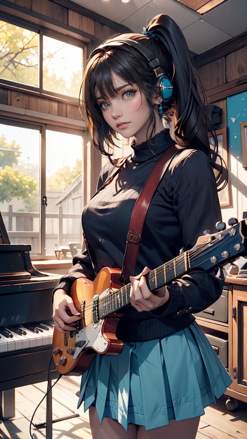 ((masterpiece, Highest quality))One girl, alone, Black Dress, blue eyes, electric guitar, guitar, Headphones, Double Ponytail, Holding, Holding plectrum, musical instrument, Long Hair, music, One side up, Turquoise Hair, Twin tails, guitarを弾く, Pleated skirt, Black Shirt, interior