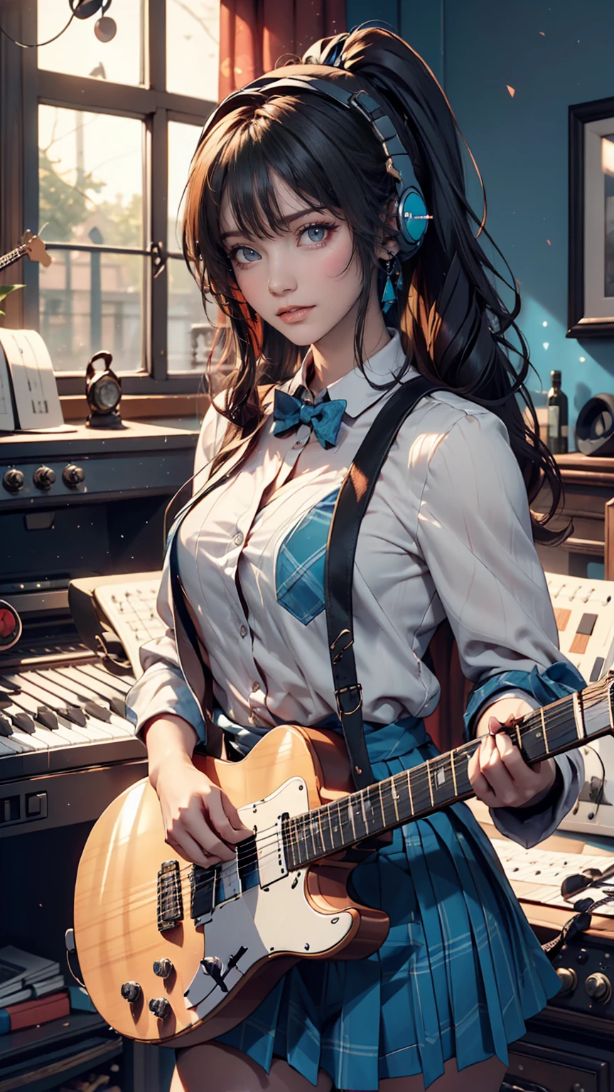 ((masterpiece, Highest quality))One girl, alone, Black Dress, blue eyes, electric guitar, guitar, Headphones, Double Ponytail, Holding, Holding plectrum, musical instrument, Long Hair, music, One side up, Turquoise Hair, Twin tails, guitarを弾く, Pleated skirt, Black Shirt, interior