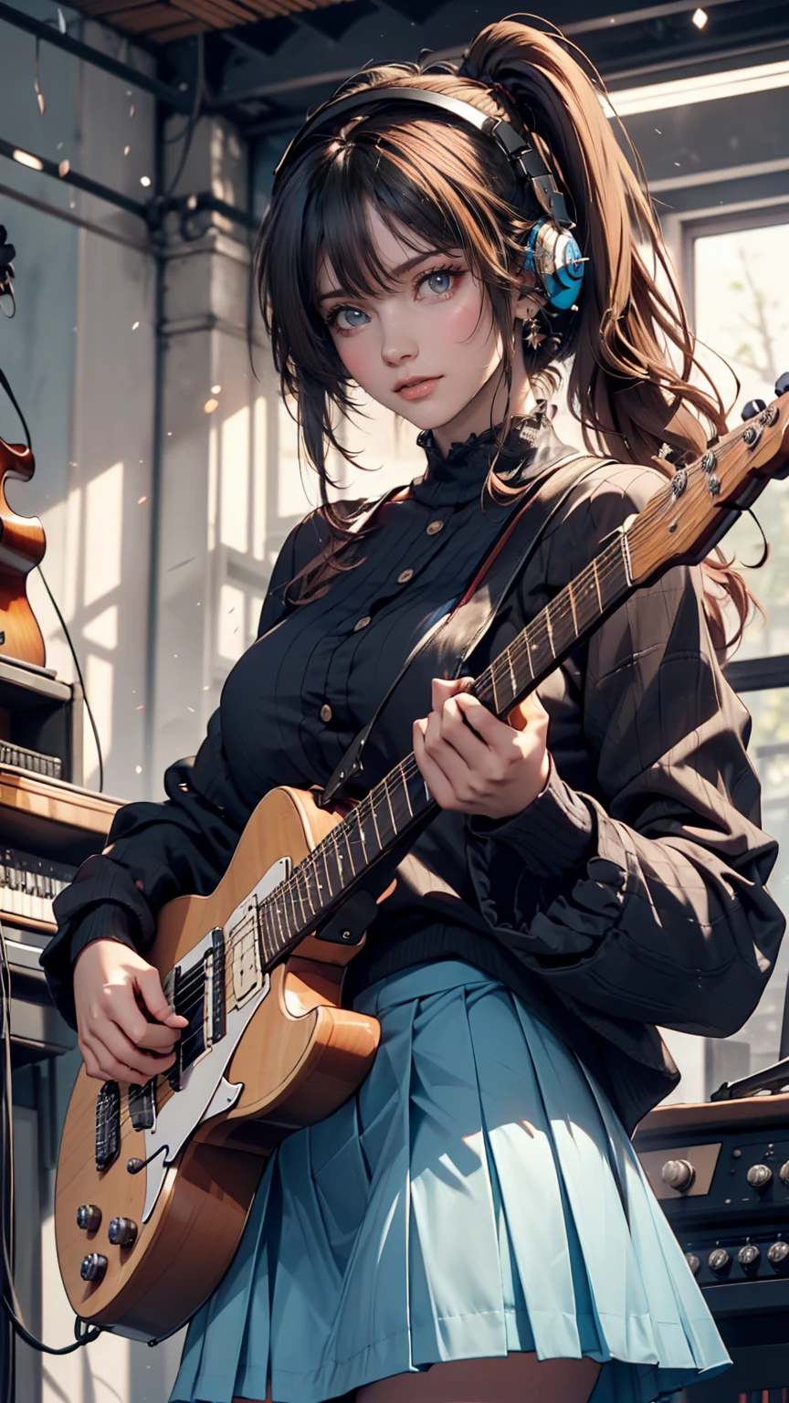 ((masterpiece, Highest quality))One girl, alone, Black Dress, blue eyes, electric guitar, guitar, Headphones, Double Ponytail, Holding, Holding plectrum, musical instrument, Long Hair, music, One side up, Turquoise Hair, Twin tails, guitarを弾く, Pleated skirt, Black Shirt, interior