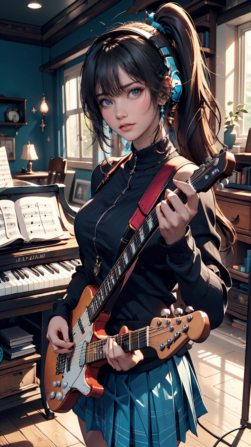 ((masterpiece, Highest quality))One girl, alone, Black Dress, blue eyes, electric guitar, guitar, Headphones, Double Ponytail, Holding, Holding plectrum, musical instrument, Long Hair, music, One side up, Turquoise Hair, Twin tails, guitarを弾く, Pleated skirt, Black Shirt, interior