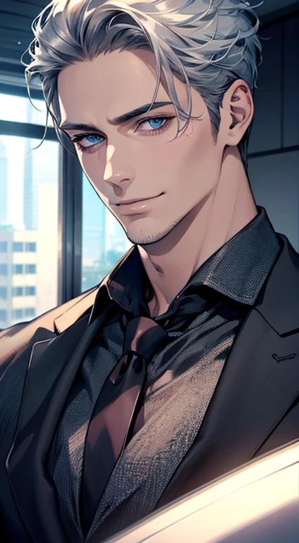 (best quality,4k,8k,highres,masterpiece:1.2),ultra-detailed,(realistic,photorealistic,photo-realistic:1.37),1 man,31 years old,mature man,very handsome,without expression,smile,short silver hair,blue eyes,penetrating gaze,perfect face without errors,imposing posture,businessman,office background,cinematic lighting,hdr image