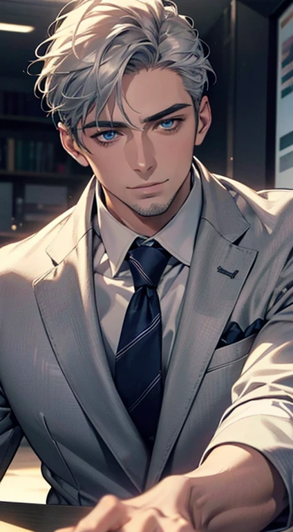 (best quality,4k,8k,highres,masterpiece:1.2),ultra-detailed,(realistic,photorealistic,photo-realistic:1.37),1 man,31 years old,mature man,very handsome,without expression,smile,short silver hair,blue eyes,penetrating gaze,perfect face without errors,imposing posture,businessman,office background,cinematic lighting,hdr image