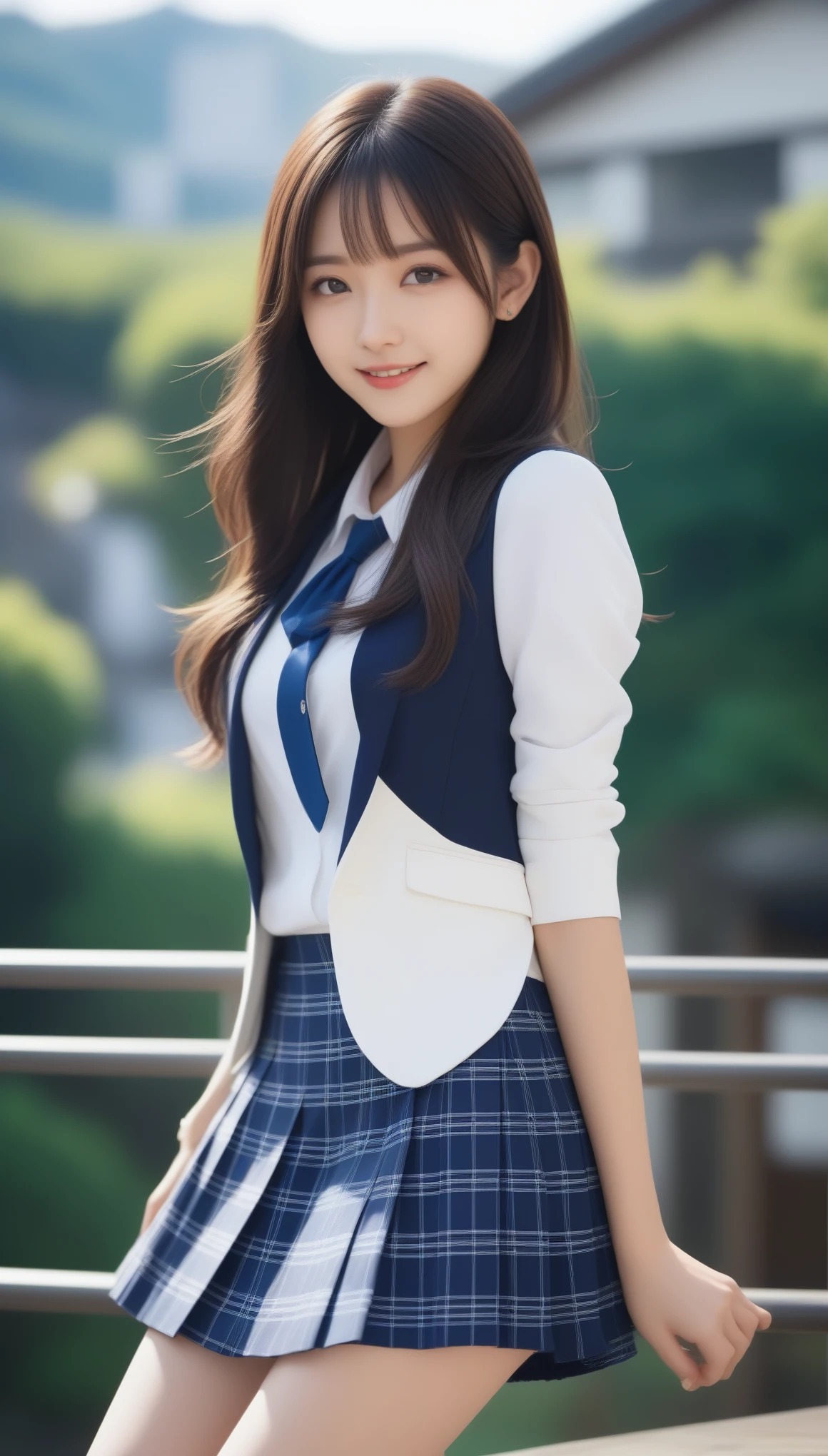 8K, Ultra-high resolution, Highest quality, masterpiece, 三分割法によるphotograph,Surreal, photograph, 1 Girl, (16 years old:1.3), pretty girl, Cute face, Beautiful eyes in every detail, 細かくdetailedに,masterpiece,, One Girl:1.2, Japan Female Announcer、Cowboy Shot,((very small head:1.3)),Center-parted bangs,amount,Black Hair,Long Hair,Iris,Gorgeous eyes,smile,((Toned body,Slender body,skinny)),(school uniform、Dark blue blazer jacket、Navy blue tie、Grey plaid pleated mini skirt),Beautiful leg line beauty,Captivating thighs,Glowing Skin,Shiny skin,Climbing the stairs,Fire escape in a building,Full of sex appeal,Sensual,屈託のないsmile,Heal the heart,Low - Angle、beauty,Long neck、Laugh a little、Please close your mouth and laugh、(((Ideal body type))),A cup small breasts :2,、Portraiture:2、Perfect Anatomy、鮮明なdetailed、detailed、Surreal、Light and shadow,Strong light