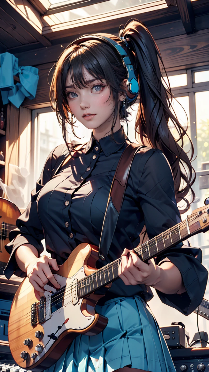 ((masterpiece, Highest quality))One girl, alone, Black Dress, blue eyes, electric guitar, guitar, Headphones, Double Ponytail, Holding, Holding plectrum, musical instrument, Long Hair, music, One side up, Turquoise Hair, Twin tails, guitarを弾く, Pleated skirt, Black Shirt, interior