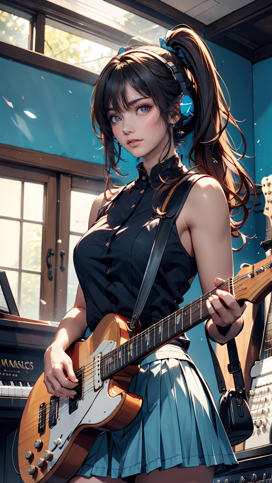((masterpiece, Highest quality))One girl, alone, Black Dress, blue eyes, electric guitar, guitar, Headphones, Double Ponytail, Holding, Holding plectrum, musical instrument, Long Hair, music, One side up, Turquoise Hair, Twin tails, guitarを弾く, Pleated skirt, Black Shirt, interior