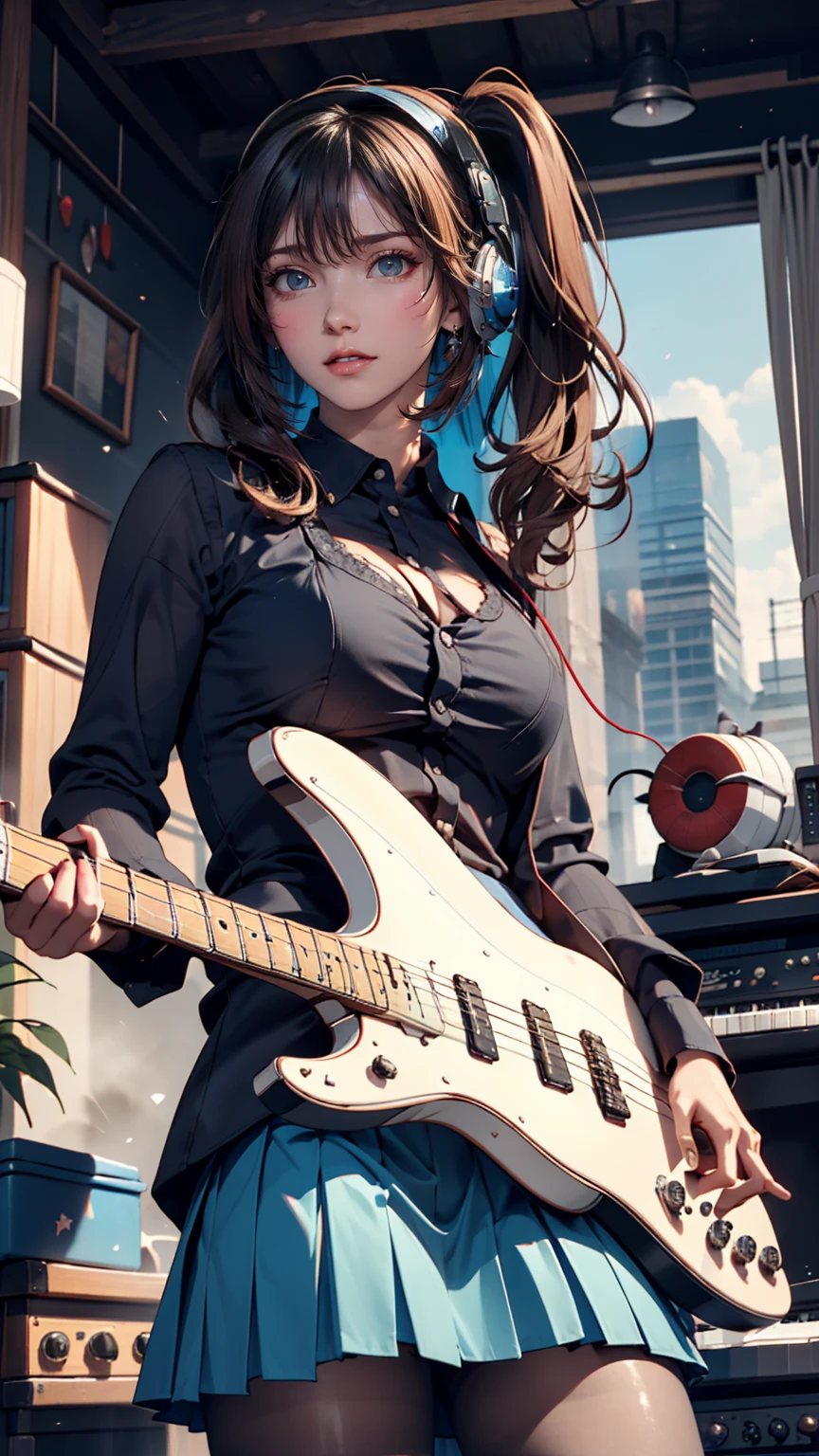 ((masterpiece, Highest quality))One girl, alone, Black Dress, blue eyes, electric guitar, guitar, Headphones, Double Ponytail, Holding, Holding plectrum, musical instrument, Long Hair, music, One side up, Turquoise Hair, Twin tails, guitarを弾く, Pleated skirt, Black Shirt, interior