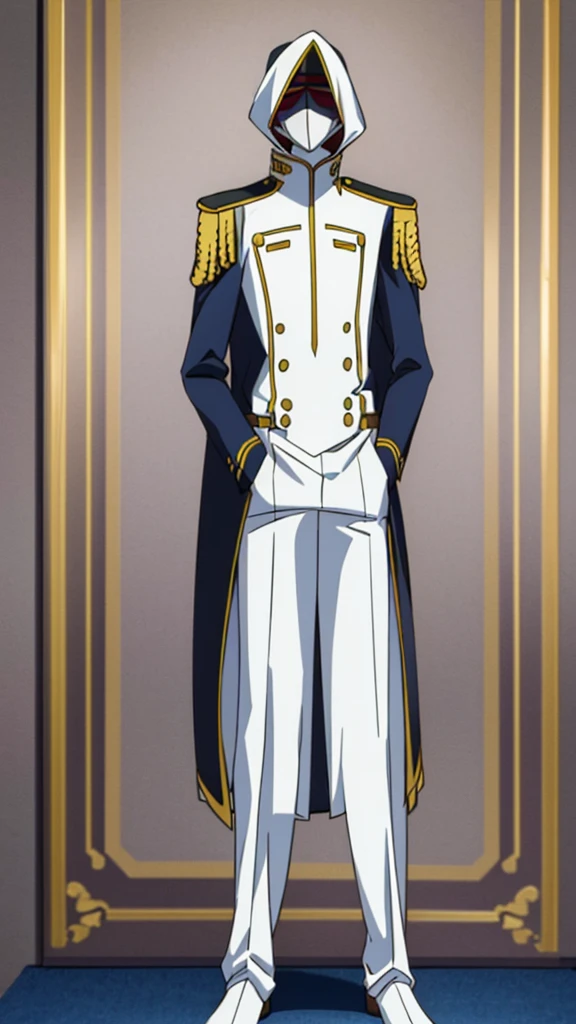 Male, teenager, military officer, wearing white clothes, an officer's lapel, and a face covering mask, athletic build, hands in pockets, standing at attention, daytime setting, lone figure, facing viewer, fully in frame, full body shot, Code Geass style, codeGeass, CODEGEASS