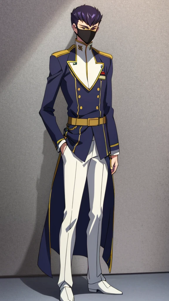 Male, teenager, military officer, wearing white clothes, an officer's lapel, and a face covering mask, athletic build, hands in pockets, standing at attention, daytime setting, lone figure, facing viewer, fully in frame, full body shot, Code Geass style, codeGeass, CODEGEASS