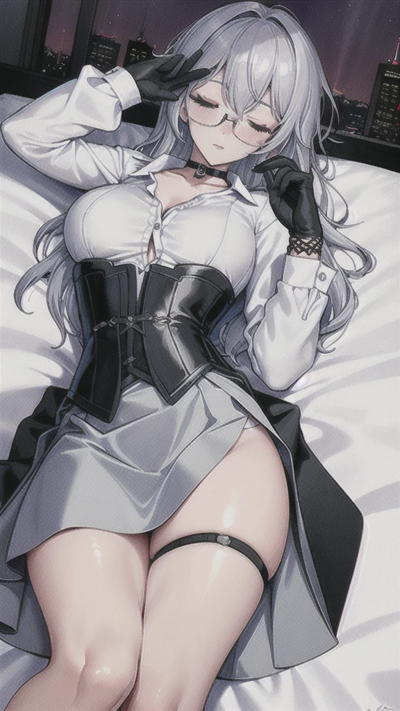Masterpiece, Beautiful art, professional artist, 8k, art style by sciamano240, rostro de Bronya Zaychik, detailed body, Very detailed face, Closed eyes, Detailed clothing, detailed fabric, Best Quality, better resolution, 1 girl, View from above, lying on a bed, big breasts, sleeping expression, at night , silver hair, glasses, choker:1.6, (long sleeve white collar buttoned shirt), (shiny black corset), black gloves covering your hands, (shiny tight mini skirt), looking at the viewer, elegant room, at night