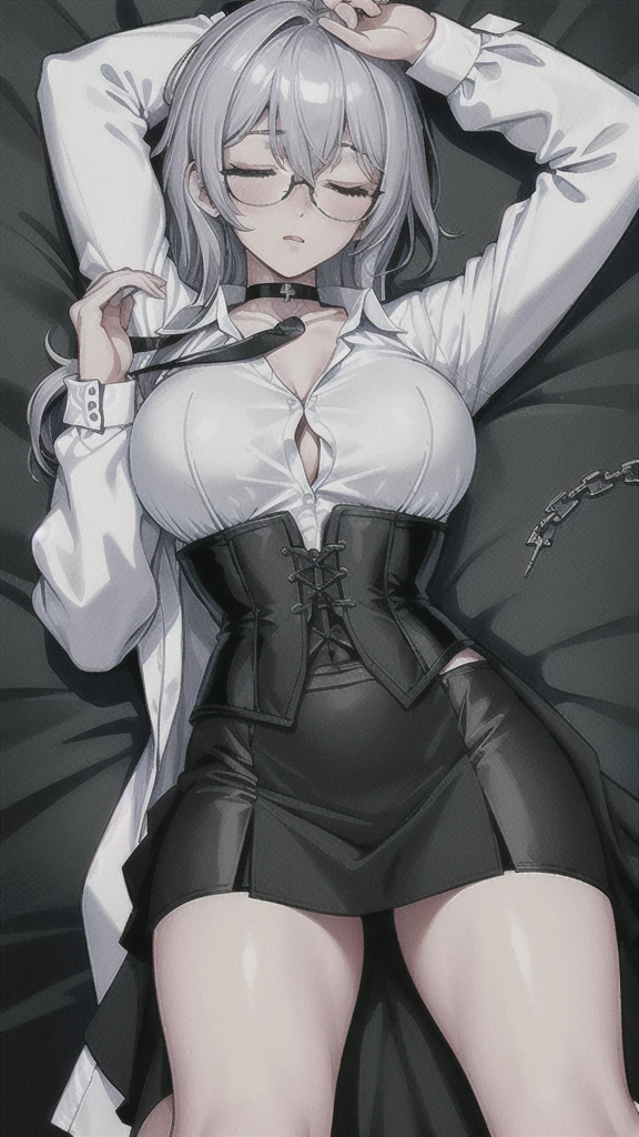 Masterpiece, Beautiful art, professional artist, 8k, art style by sciamano240, rostro de Bronya Zaychik, detailed body, Very detailed face, Closed eyes, Detailed clothing, detailed fabric, Best Quality, better resolution,  1 girl, View from above, lying on a bed, big breasts, sleeping expression,  at night , silver hair, glasses, choker:1.6, (long sleeve white collar buttoned shirt), (shiny black corset), black gloves covering your hands, (shiny tight mini skirt), looking at the viewer, elegant room, at night