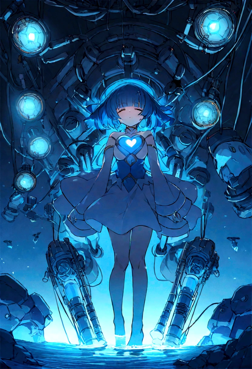 1giril, front shot, a magical girl who once saved the world, now in the core of a nuclear fusion reactor, her whole body connected to machines with cables and tubes, half of her body submerged in water of blue light, deep sleep and expression of agony, flexible cable hanging from the ceiling, dark blue hair, straight short bob.
information