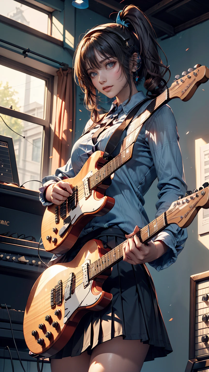 ((masterpiece, Highest quality))One girl, alone, Black Dress, blue eyes, electric guitar, guitar, Headphones, Double Ponytail, Holding, Holding plectrum, musical instrument, Long Hair, music, One side up, Turquoise Hair, Twin tails, guitarを弾く, Pleated skirt, Black Shirt, interior