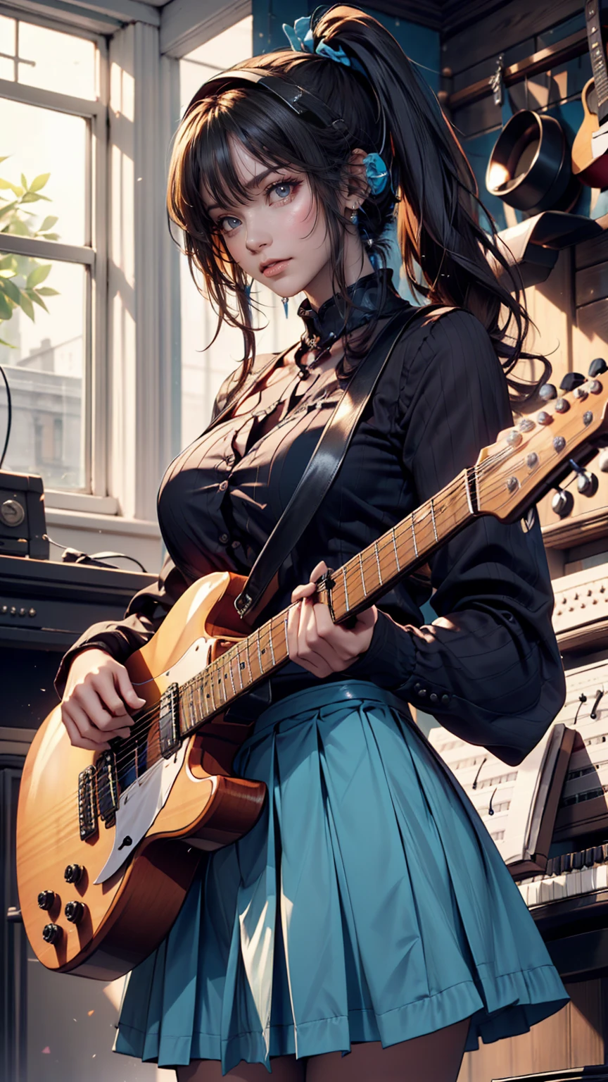 ((masterpiece, Highest quality))One girl, alone, Black Dress, blue eyes, electric guitar, guitar, Headphones, Double Ponytail, Holding, Holding plectrum, musical instrument, Long Hair, music, One side up, Turquoise Hair, Twin tails, guitarを弾く, Pleated skirt, Black Shirt, interior