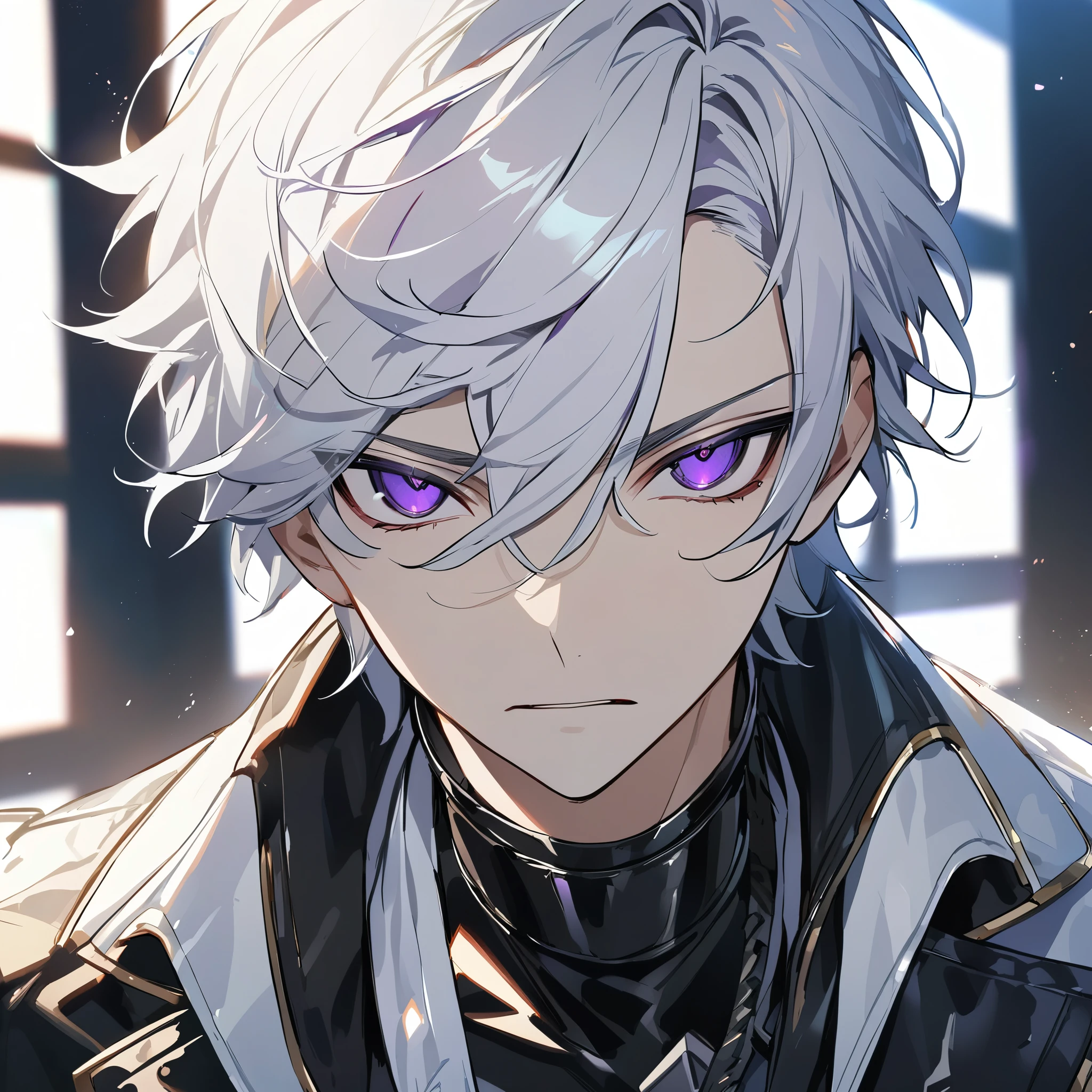High quality, HD, 4k, no shadows, handsome male, 1male, 17 years old, teenager, golden lining, short white hair, sharp eyes, dark purple eyes, deep purple eyes, devil may cry, close up, calm expression, stoic expression, black leather clothes, white leather clothing, lean body, well trained body, upper body, looking at viewer, cowboy shot