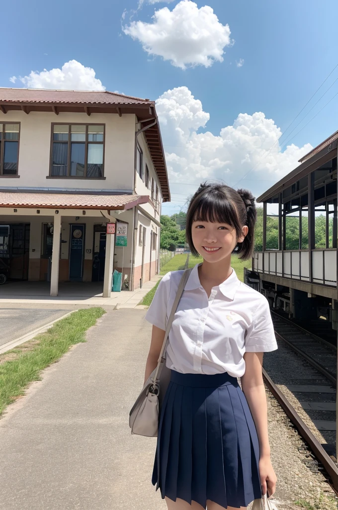 girls in rural railway station,train on far side,cumulonimbus cloud in summer sky,short-sleeved white shirt with sailor collar,navy blue pleated skirt,school bag,18-year-old,bangs,a little smile,thighs,knees,short hair with low pigtails bunches,from beside,front light