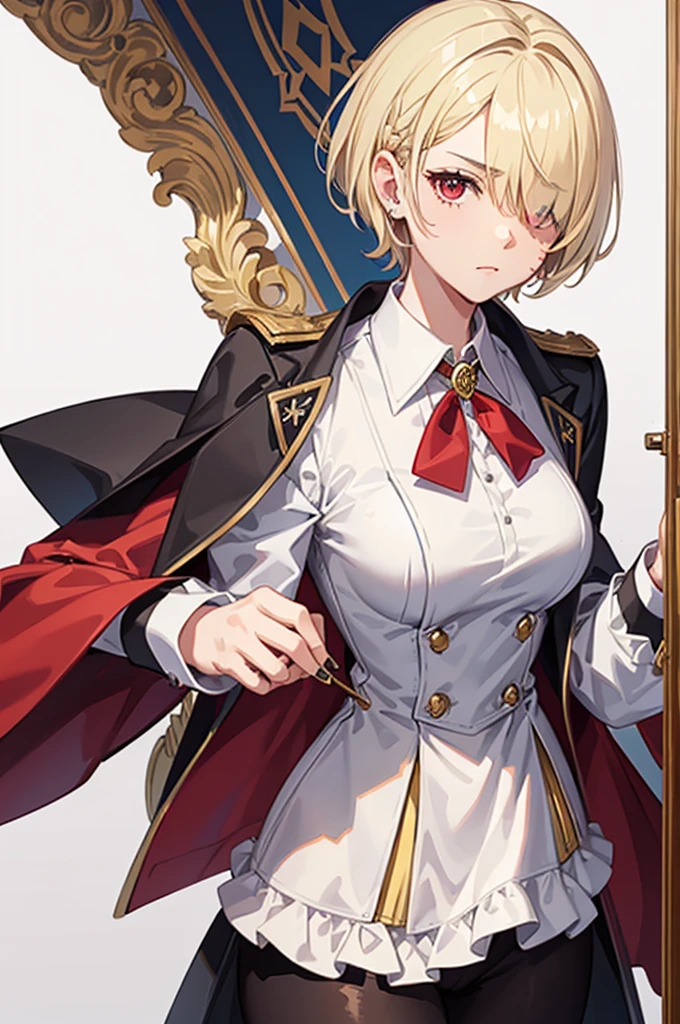 1 person, mature, Butler,, count, viscount, Victorian era,(Barrette)、(((Hair on one eye)))、(((Blonde short hair))),(Red eyes)、 suit, coat, White gloves, Gold and red design, Black Shirt, No background, Absurd, High resolution, Super sharp, 8K, masterpiece, View your viewers, Are standing, No background, No background, White Background