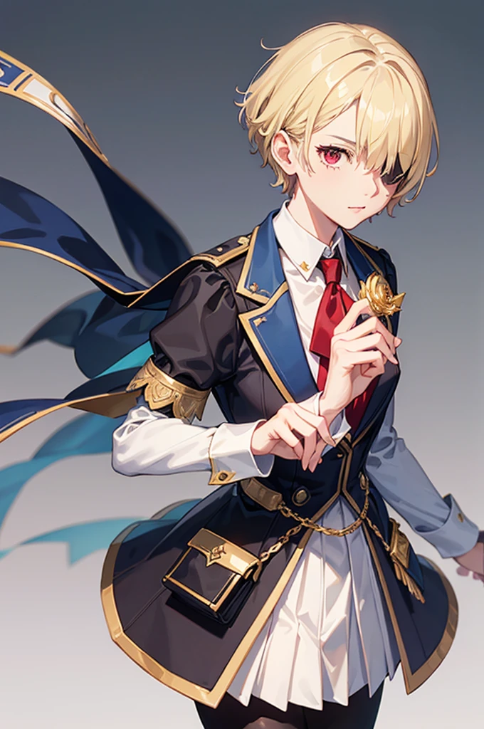 1 person, mature, Butler,, count, viscount, Victorian era,(Barrette)、(((Hair on one eye)))、(((Blonde short hair))),(Red eyes)、 suit, coat,  White gloves, Gold and red design, Black Shirt, No background, Absurd, High resolution, Super sharp, 8K, masterpiece, View your viewers, Are standing, No background, No background, White Background