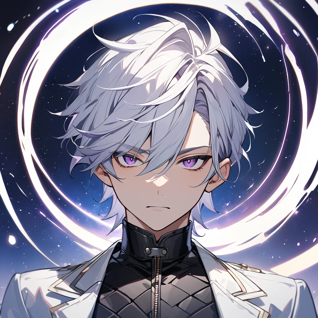High quality, HD, 4k, no shadows, handsome male, 1male, 17 years old, teenager, golden lining, short white hair, sharp eyes, dark purple eyes, deep purple eyes, devil may cry, close up, calm expression, stoic expression, black leather clothes, white leather clothing, lean body, well trained body, upper body, looking at viewer, cowboy shot, white solar, space background