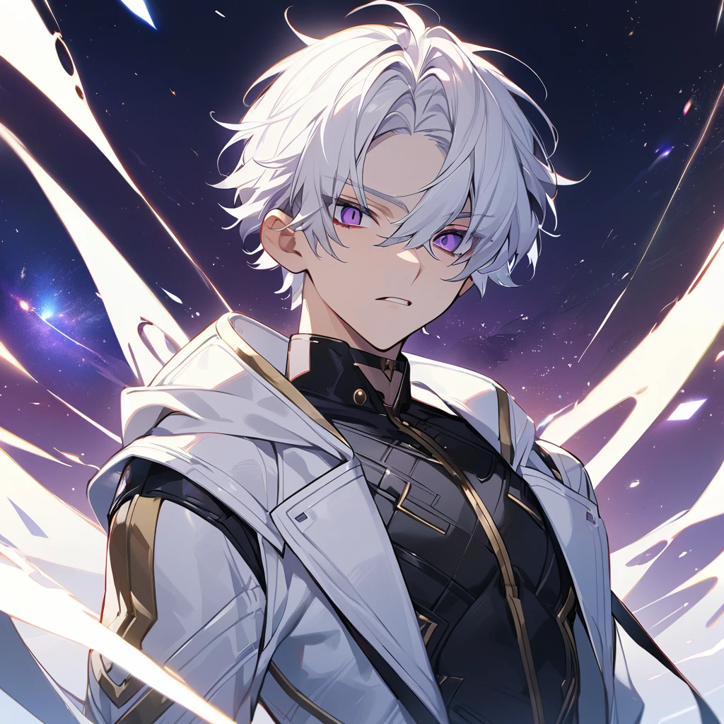 High quality, HD, 4k, no shadows, handsome male, 1male, 17 years old, teenager, golden lining, short white hair, sharp eyes, dark purple eyes, deep purple eyes, devil may cry, close up, calm expression, stoic expression, black leather clothes, white leather clothing, lean body, well trained body, upper body, looking at viewer, cowboy shot, white solar, space background