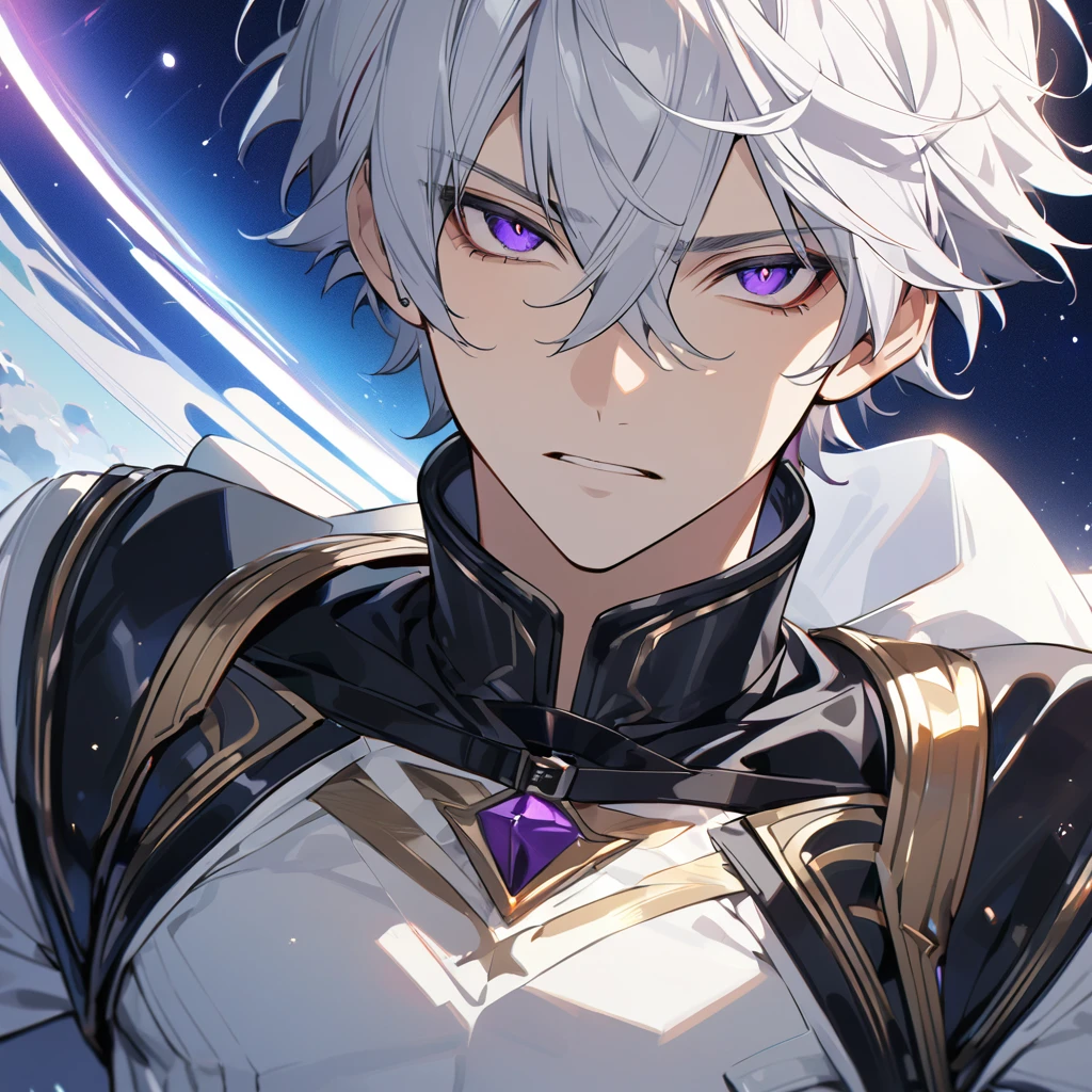 High quality, HD, 4k, no shadows, handsome male, 1male, 17 years old, teenager, golden lining, short white hair, sharp eyes, dark purple eyes, deep purple eyes, devil may cry, close up, calm expression, stoic expression, black leather clothes, white leather clothing, lean body, well trained body, upper body, looking at viewer, cowboy shot, white solar, space background