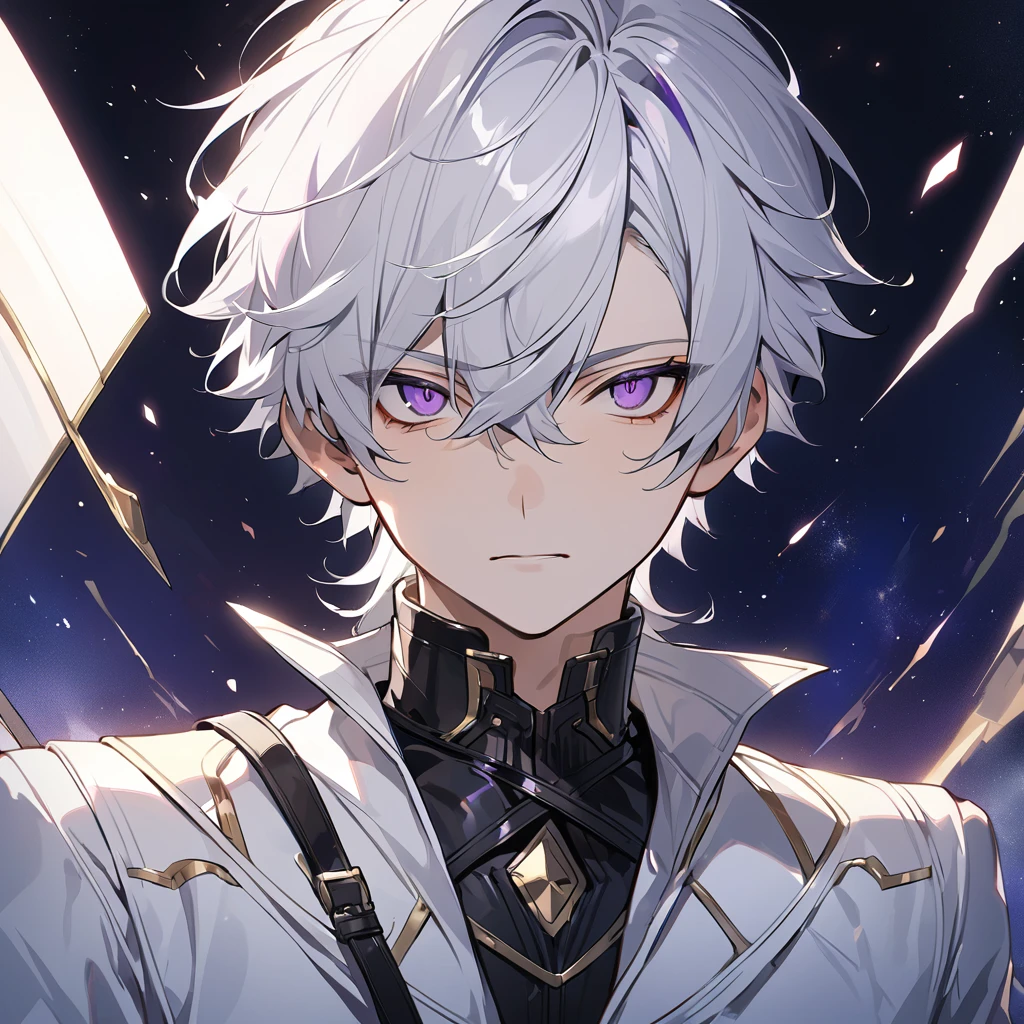 High quality, HD, 4k, no shadows, handsome male, 1male, 17 years old, teenager, golden lining, short white hair, sharp eyes, dark purple eyes, deep purple eyes, devil may cry, close up, calm expression, stoic expression, black leather clothes, white leather clothing, lean body, well trained body, upper body, looking at viewer, cowboy shot, white solar, space background