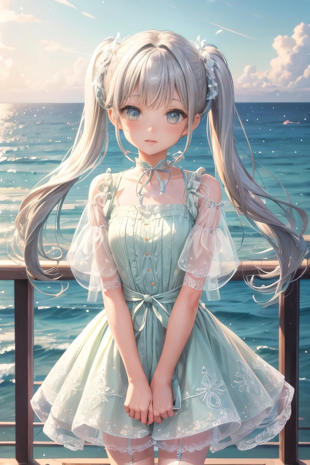 girl　long silver twintails　Cute detailed face　light green detailed lace Short dress　Seaside in summer  Skirts that flip in the wind　on yatch